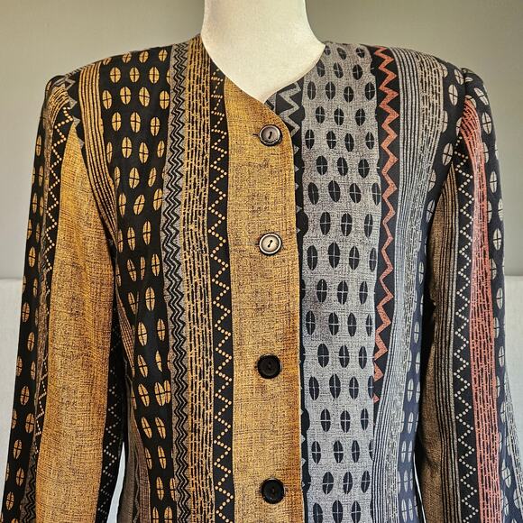 Vtg Silk Jacket Medium Black Tribal Bohemian Long Blazer Deadstock 80s Office - Picture 5 of 9